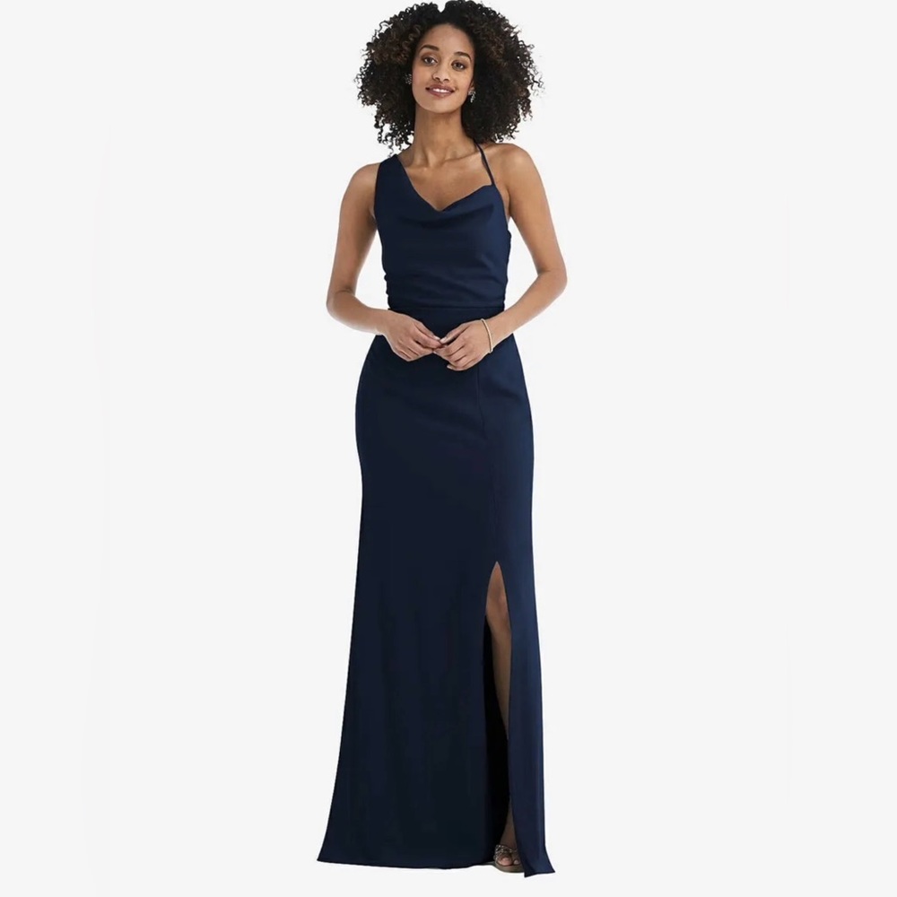 NWOT After Six One Shoulder Draped Cowl Neck Maxi Dress Slit Midnight Blue Sz 8